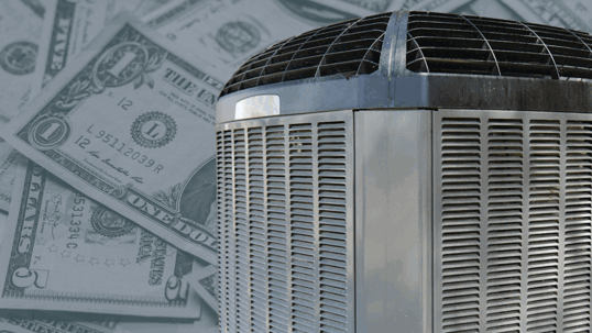 A close-up of an outdoor air conditioning unit is shown with blurred U.S. dollar bills